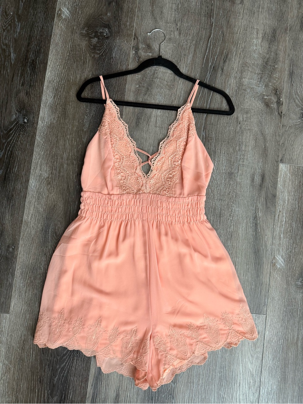 Dainty Hooligan Peach Lace-Trim Romper